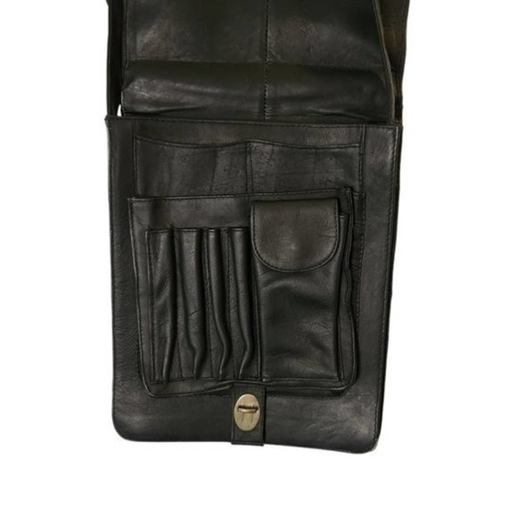VINTAGE Black Leather Messenger Bag 80s Plaid Interior Pockets Adjustable Strap - Picture 6 of 7